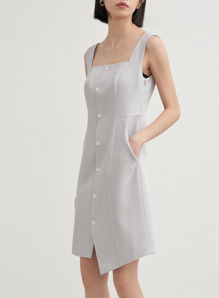 肌理排釦無袖平口洋裝