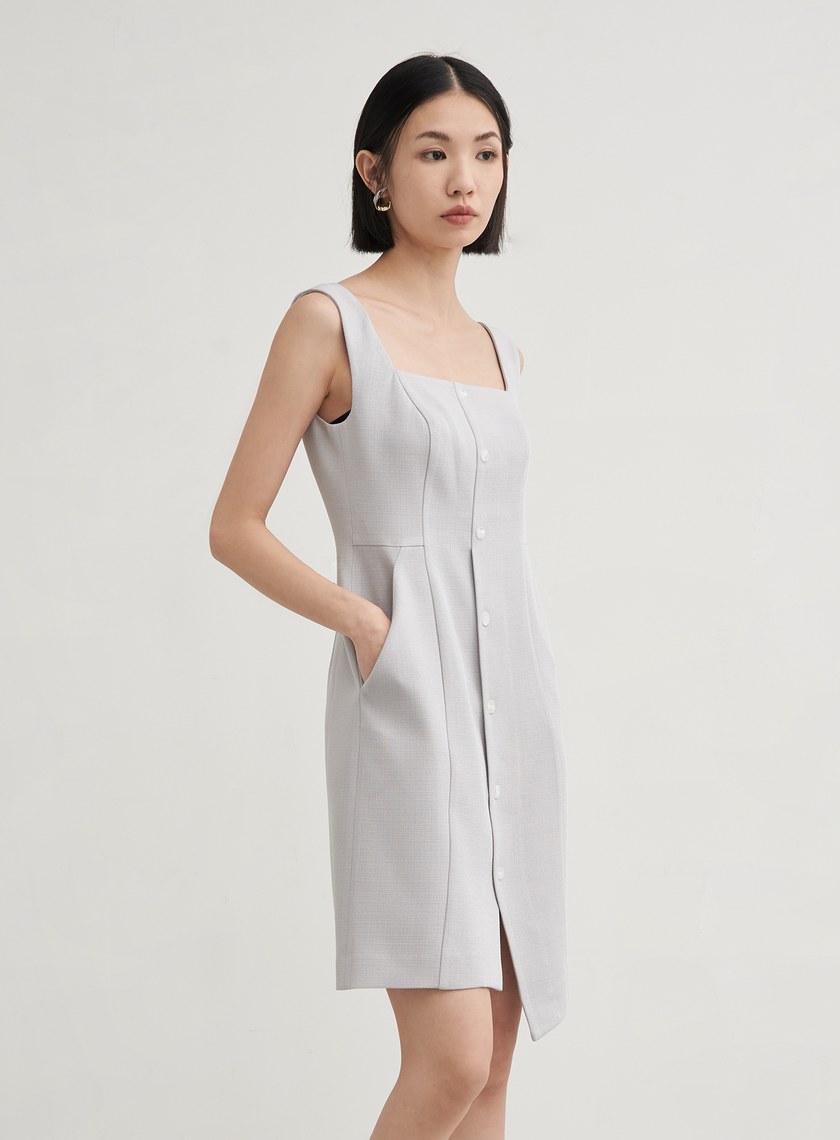肌理排釦無袖平口洋裝