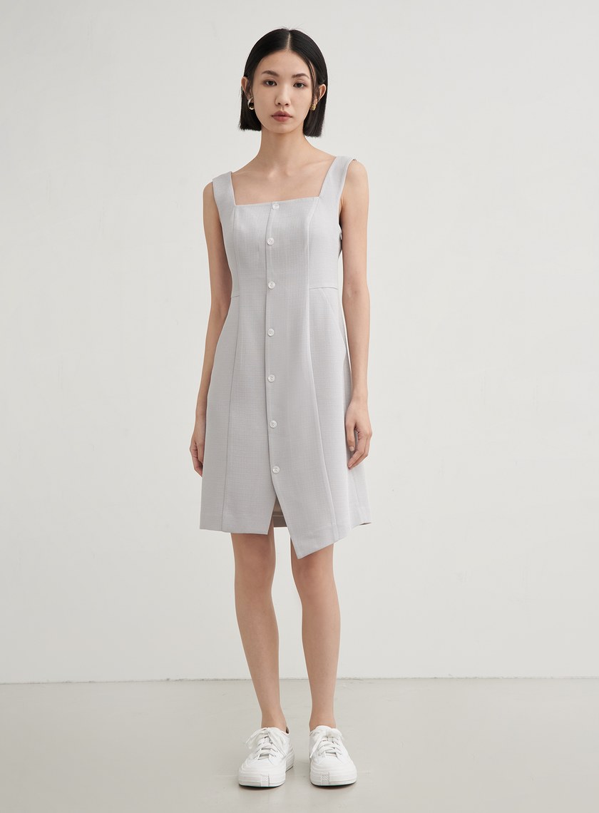 肌理排釦無袖平口洋裝