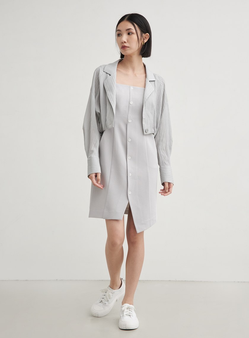 肌理排釦無袖平口洋裝