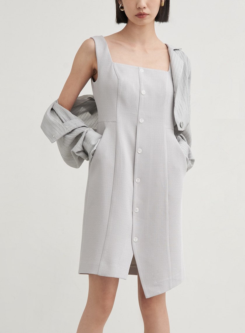 肌理排釦無袖平口洋裝