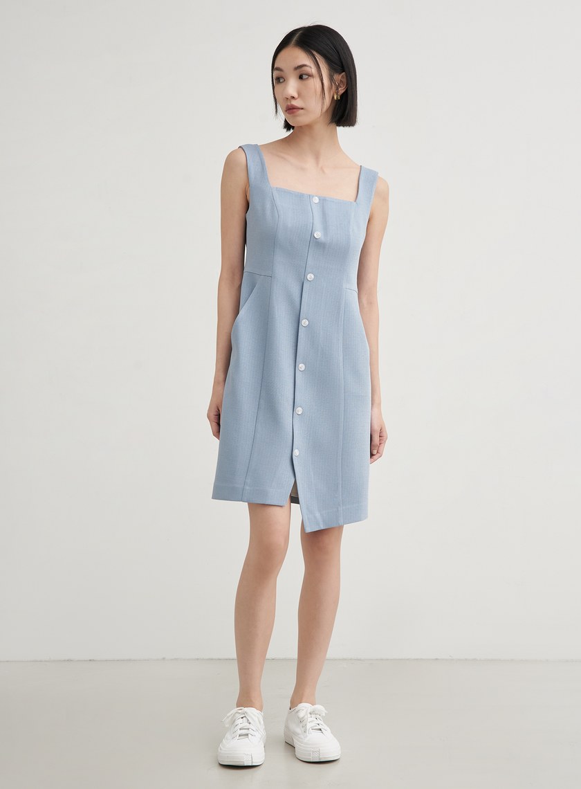 肌理排釦無袖平口洋裝
