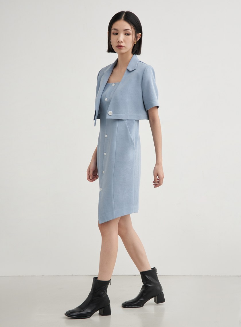 肌理排釦無袖平口洋裝