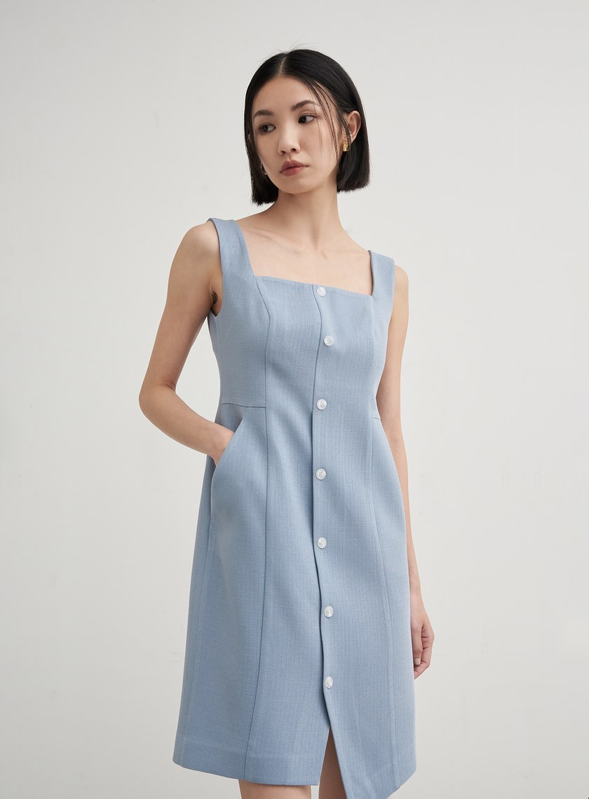肌理排釦無袖平口洋裝