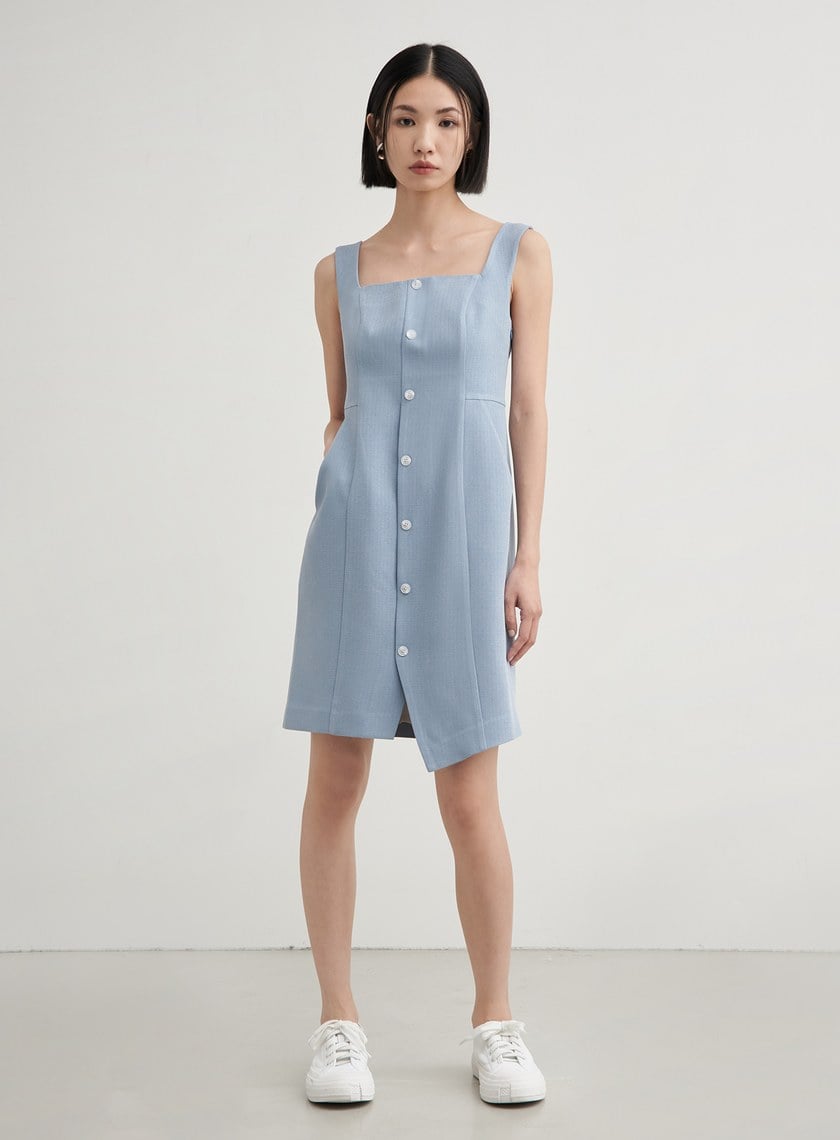 肌理排釦無袖平口洋裝
