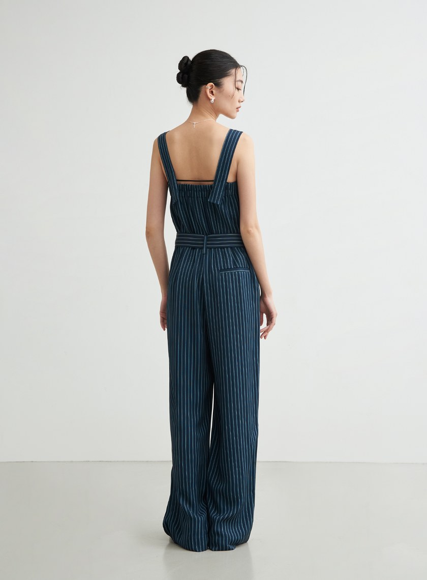 條紋印花吊帶連身褲