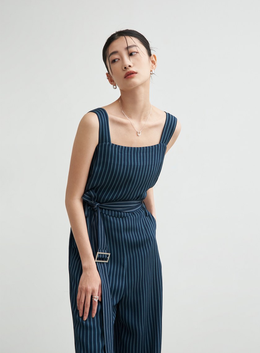 條紋印花吊帶連身褲