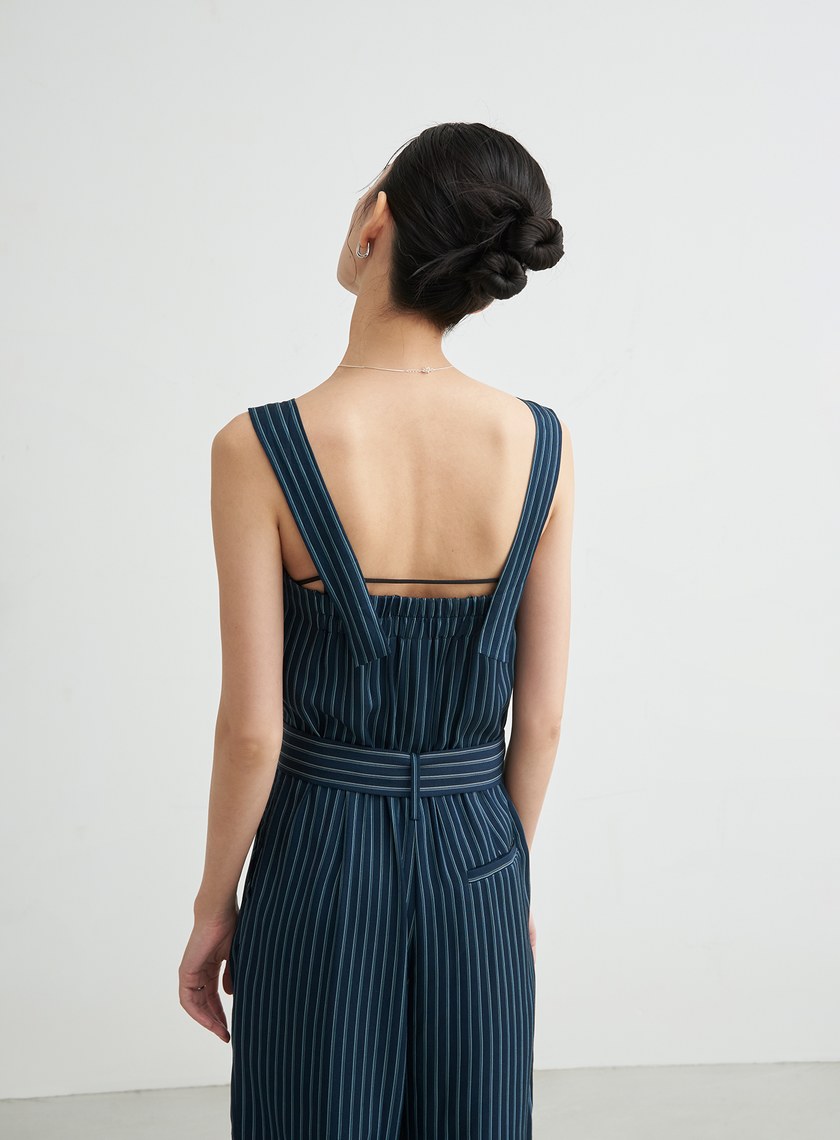 條紋印花吊帶連身褲