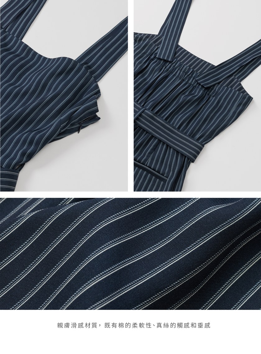 條紋印花吊帶連身褲