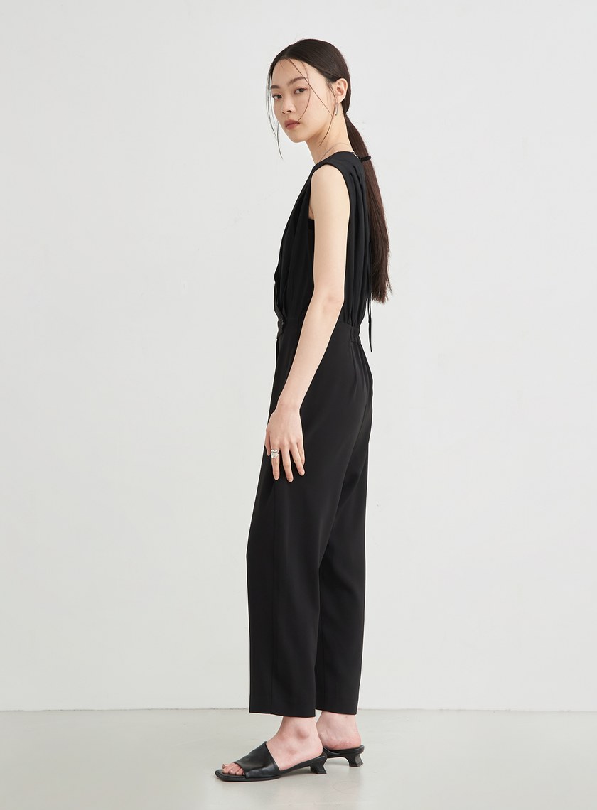 俐落異材質拼接連身褲