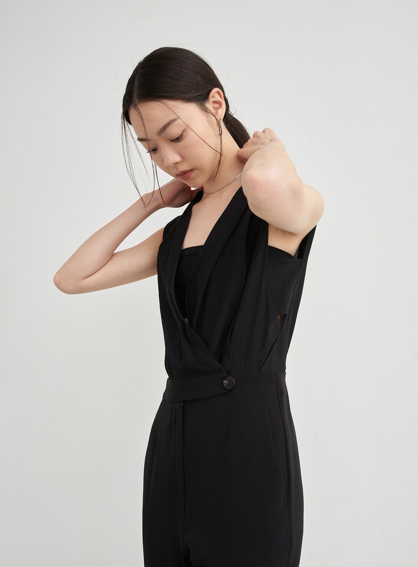 俐落異材質拼接連身褲