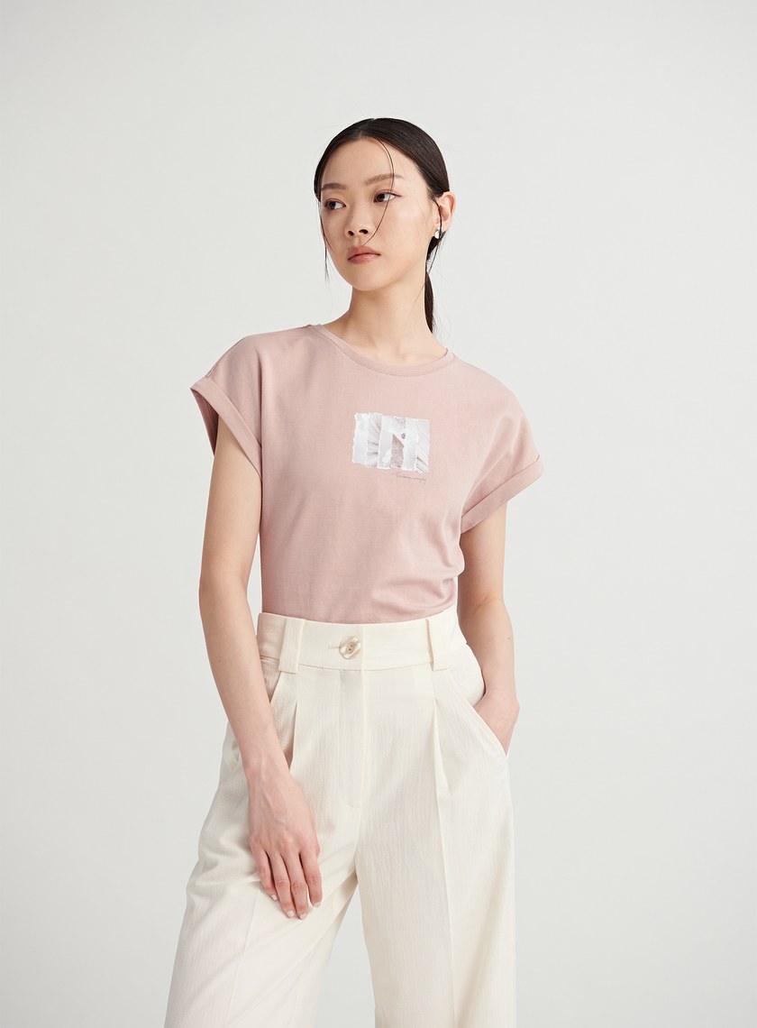 光影線條印花反摺袖上衣