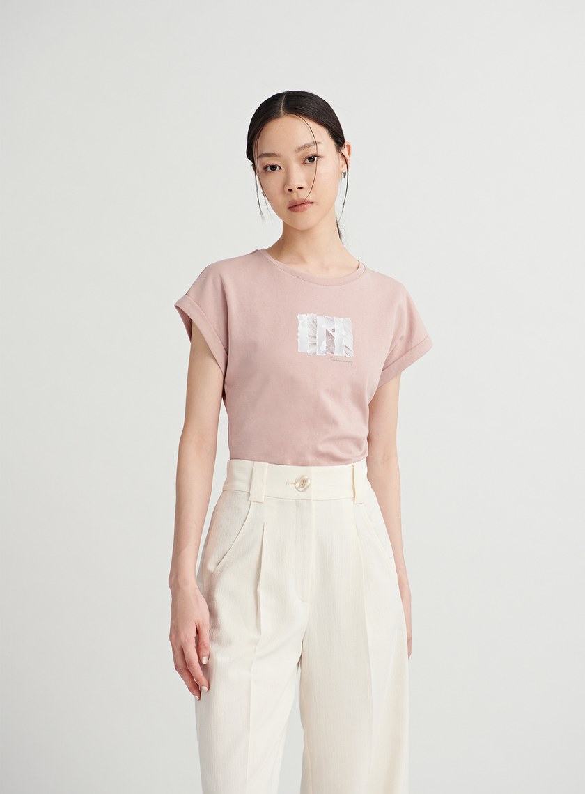 光影線條印花反摺袖上衣