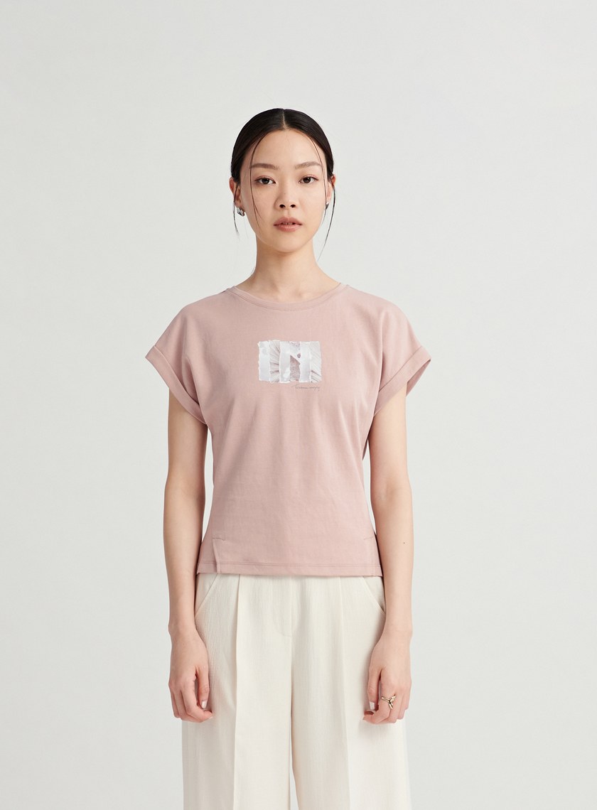 光影線條印花反摺袖上衣