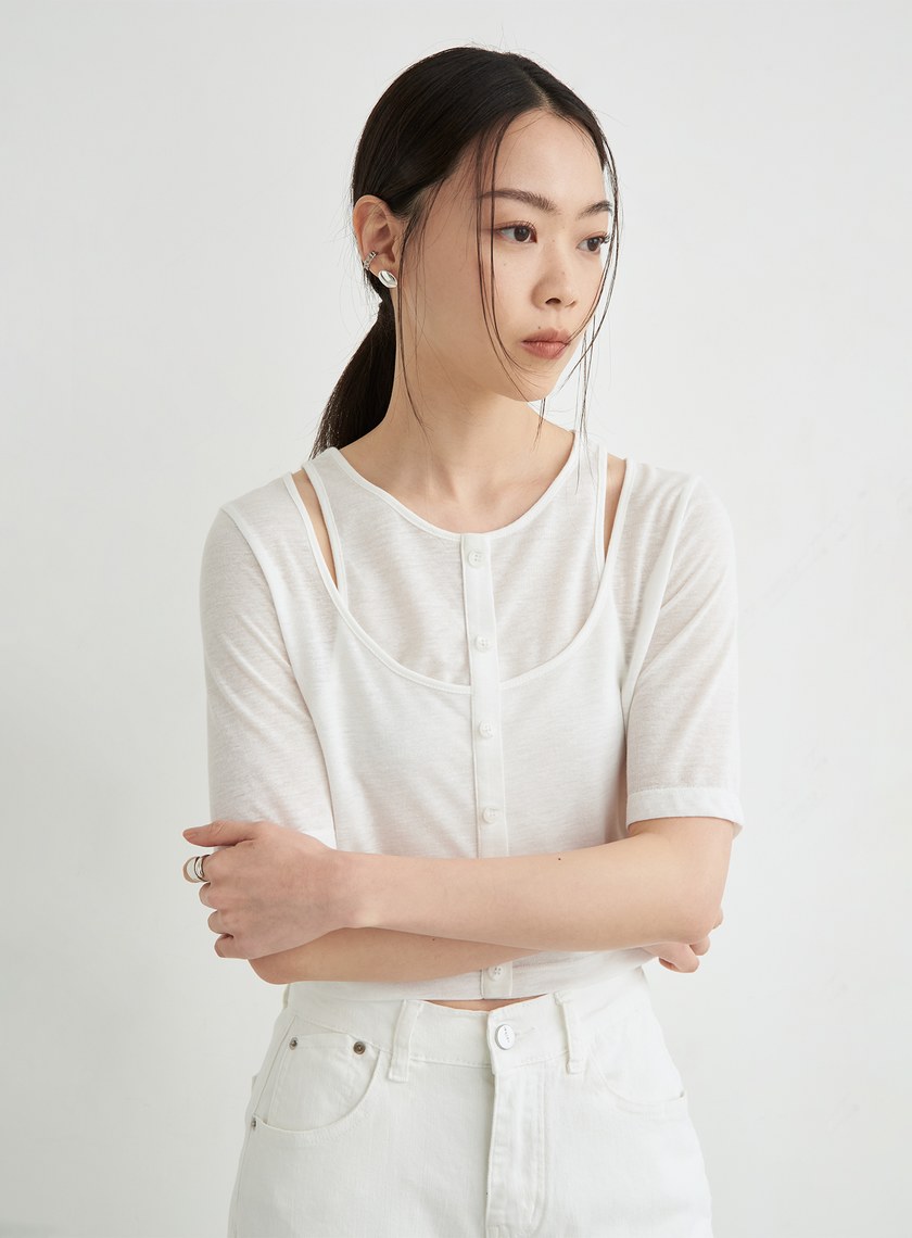 假兩件簍空細節短袖上衣