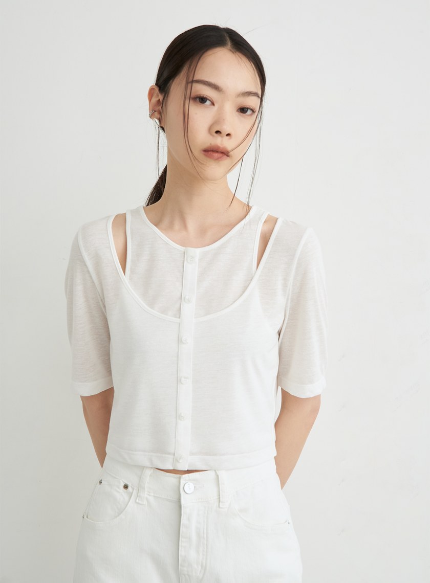 假兩件簍空細節短袖上衣