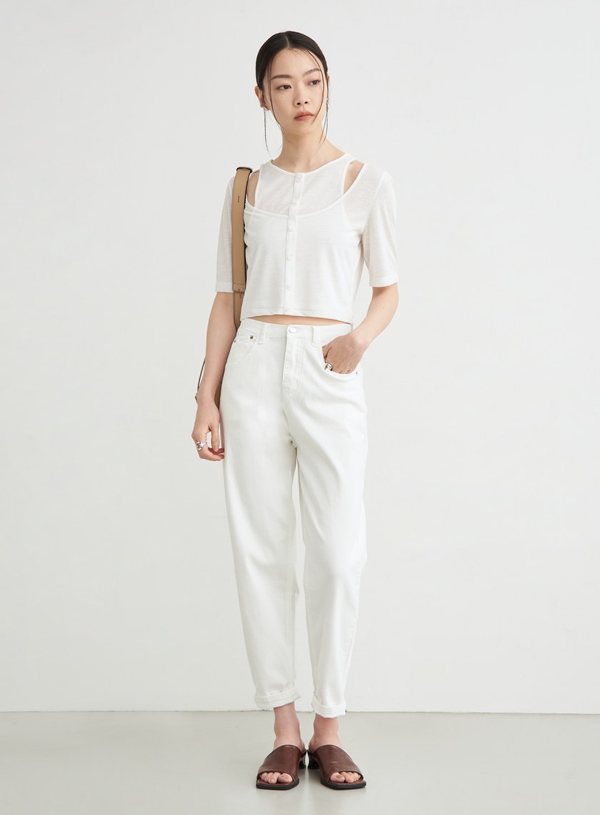 假兩件簍空細節短袖上衣