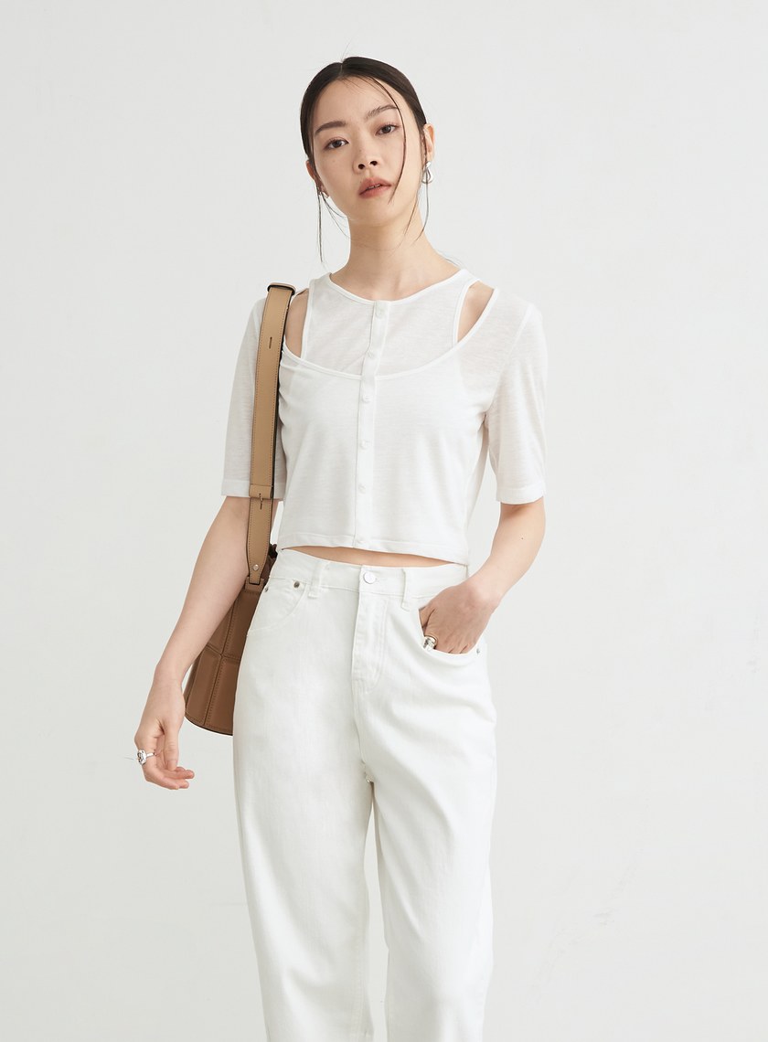 假兩件簍空細節短袖上衣