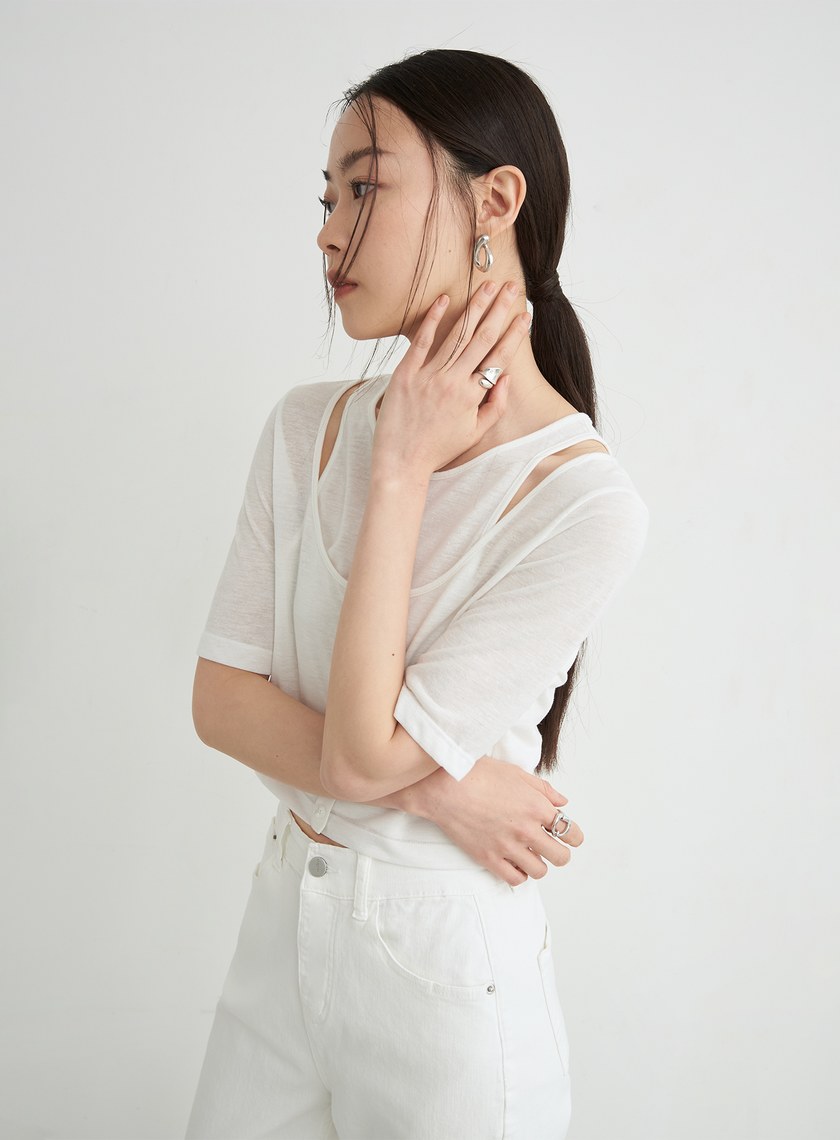 假兩件簍空細節短袖上衣