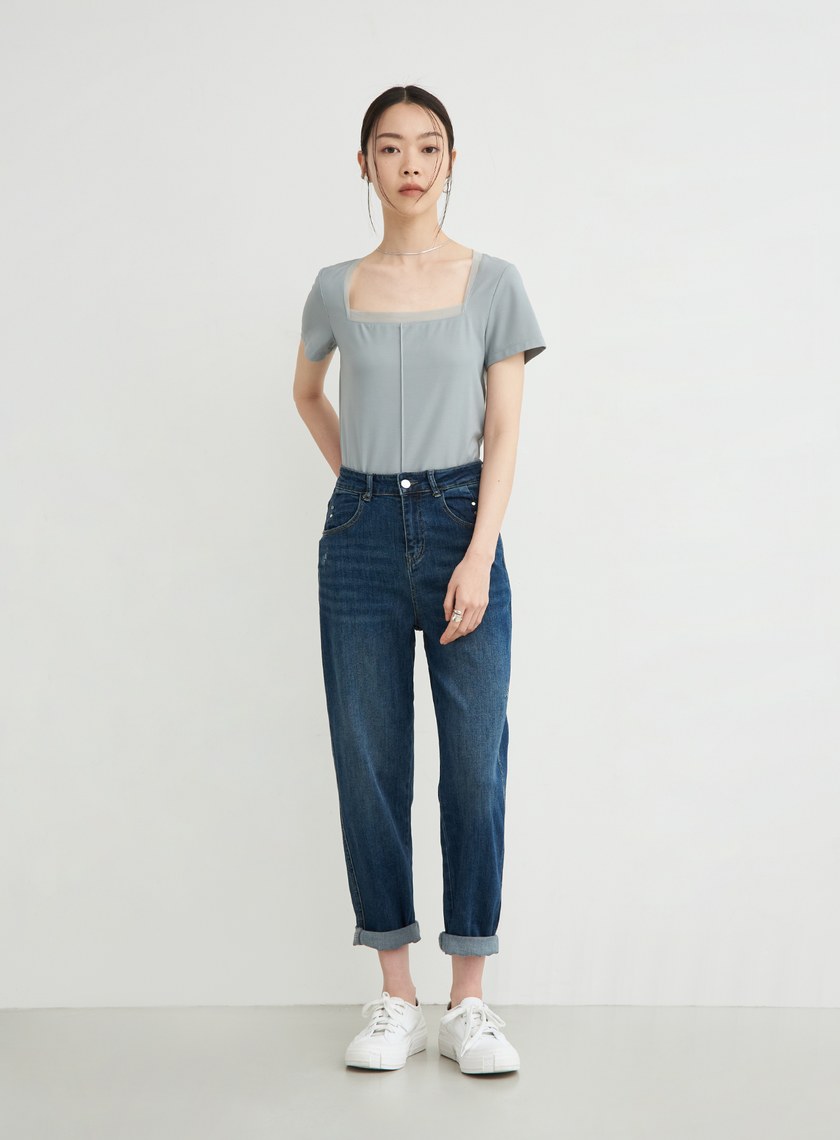 領口拼接細節休閒短袖上衣