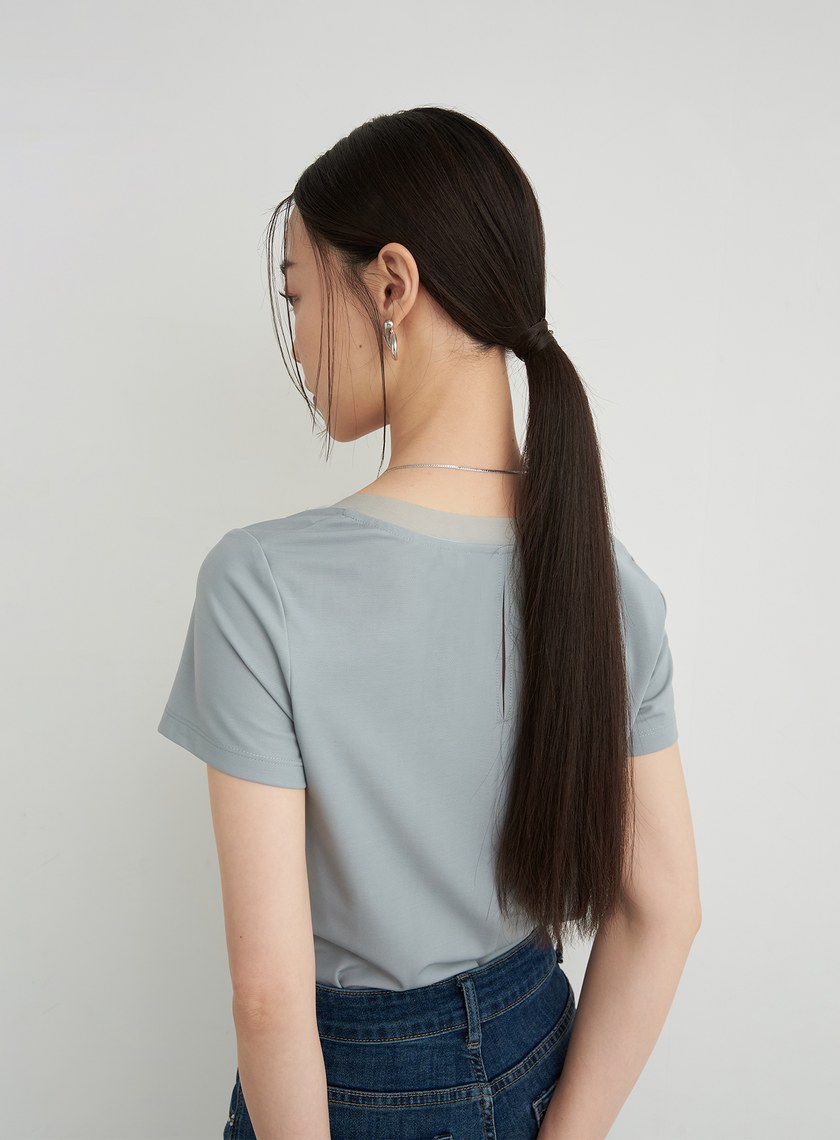 領口拼接細節休閒短袖上衣