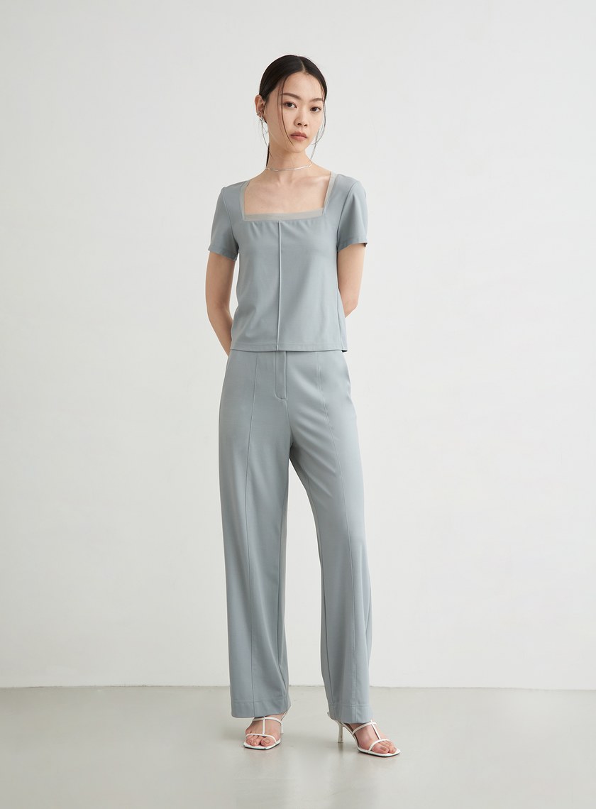 領口拼接細節休閒短袖上衣