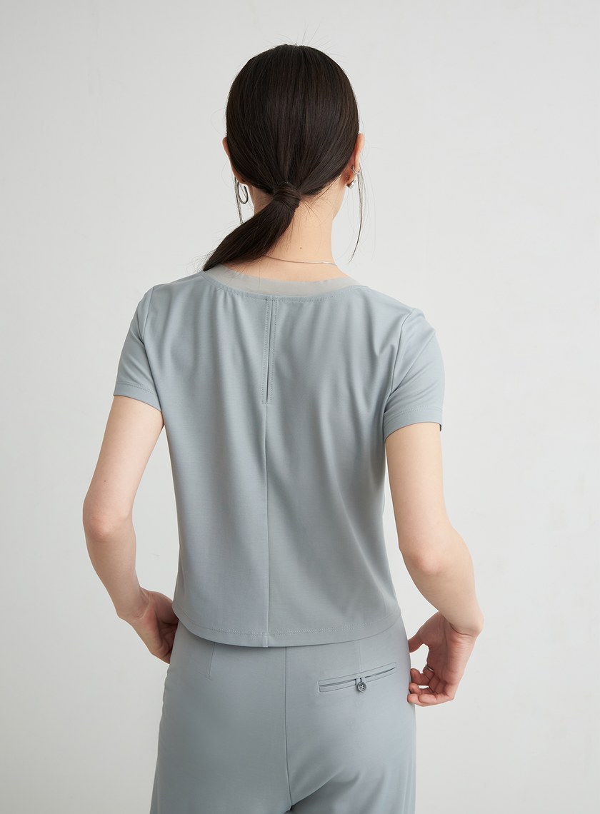 領口拼接細節休閒短袖上衣