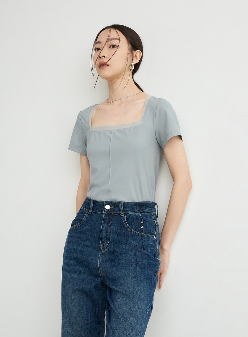 領口拼接細節休閒短袖上衣