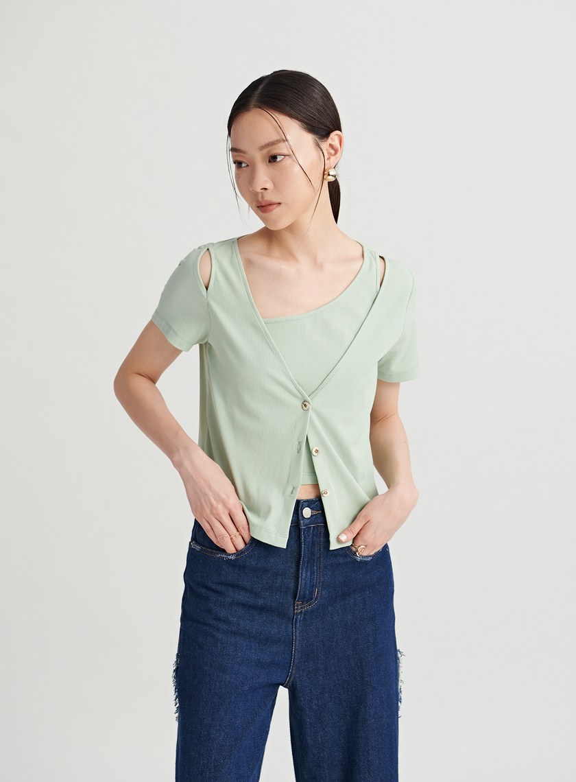 親膚假兩件鏤空針織上衣