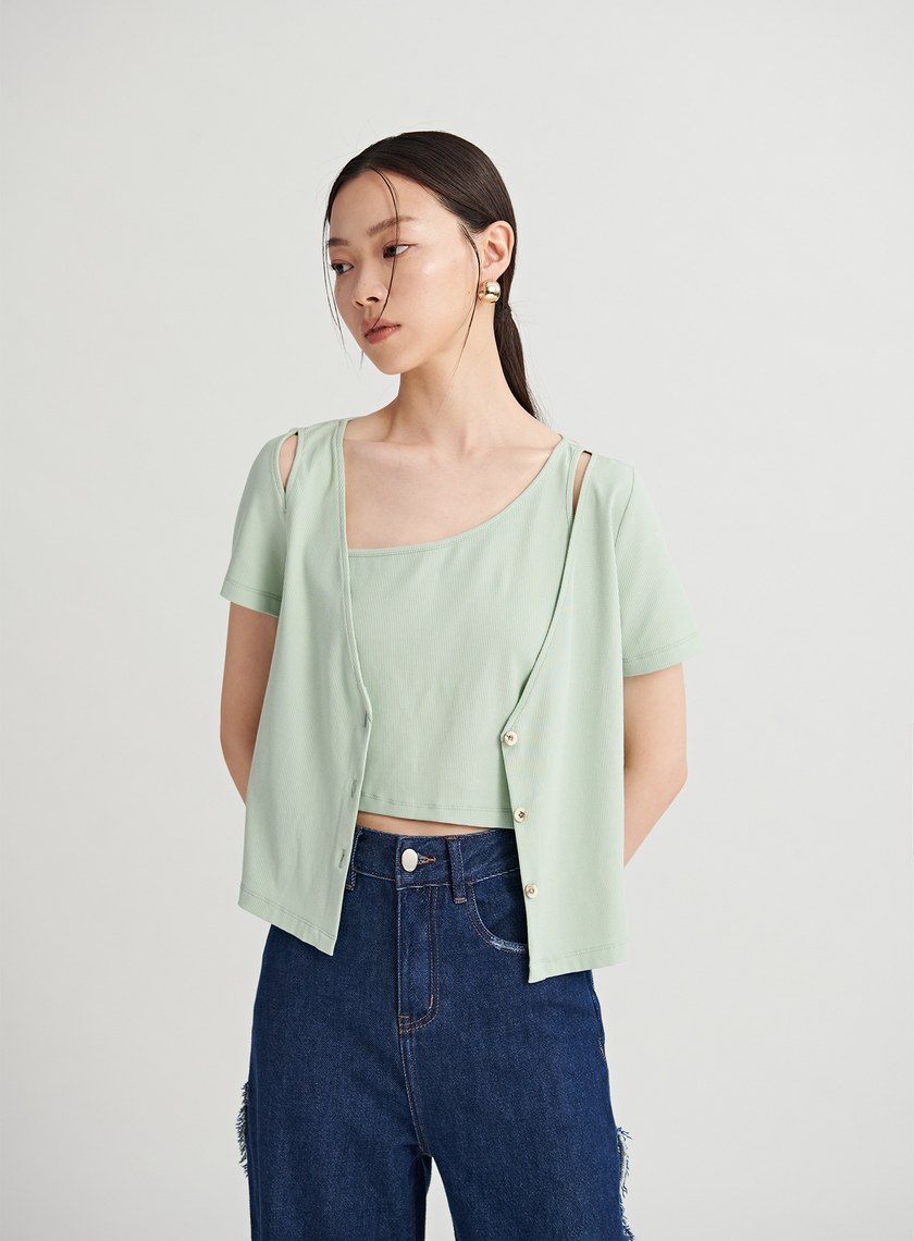 親膚假兩件鏤空針織上衣