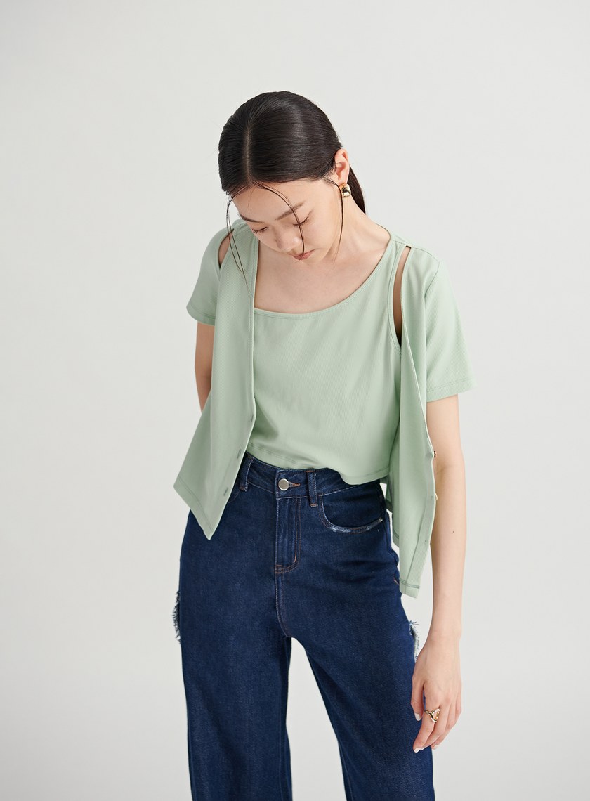 親膚假兩件鏤空針織上衣