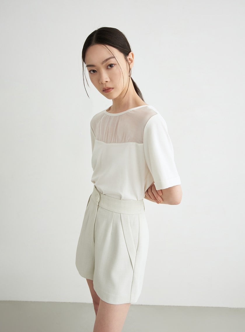 優雅拼接抽皺短袖上衣