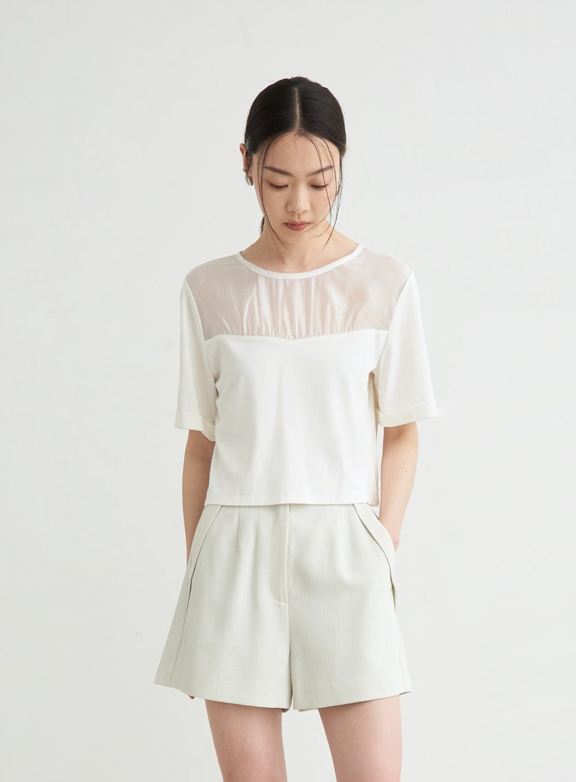 優雅拼接抽皺短袖上衣