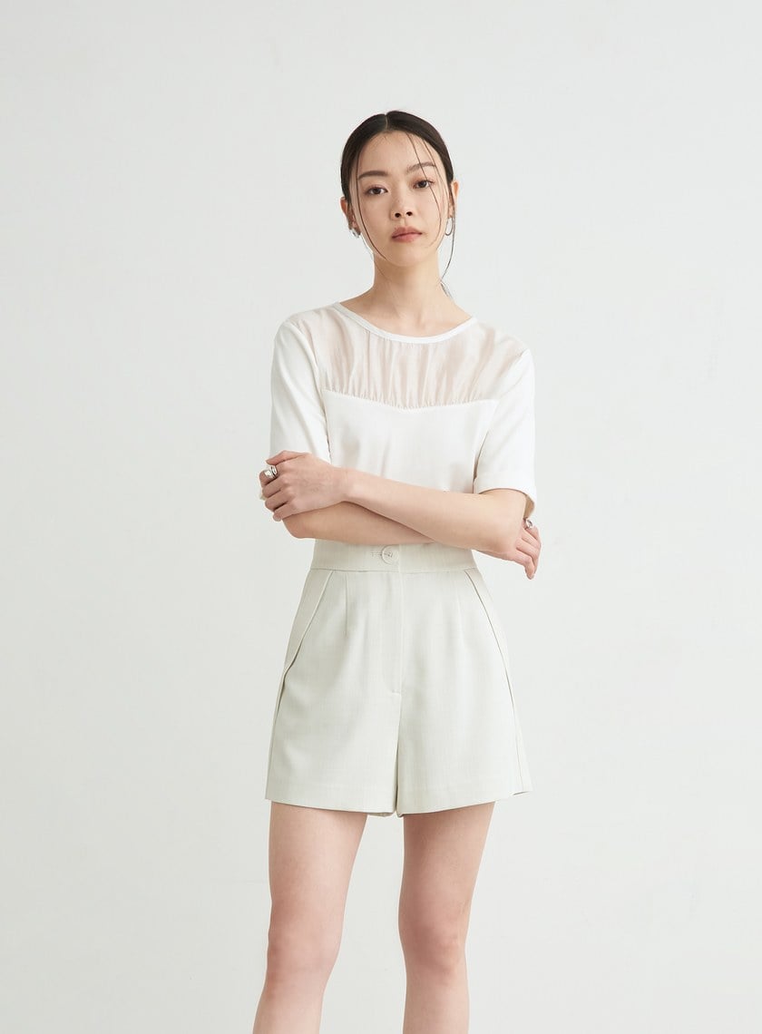 優雅拼接抽皺短袖上衣