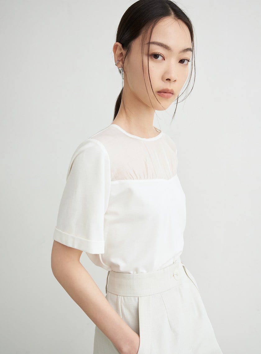 優雅拼接抽皺短袖上衣