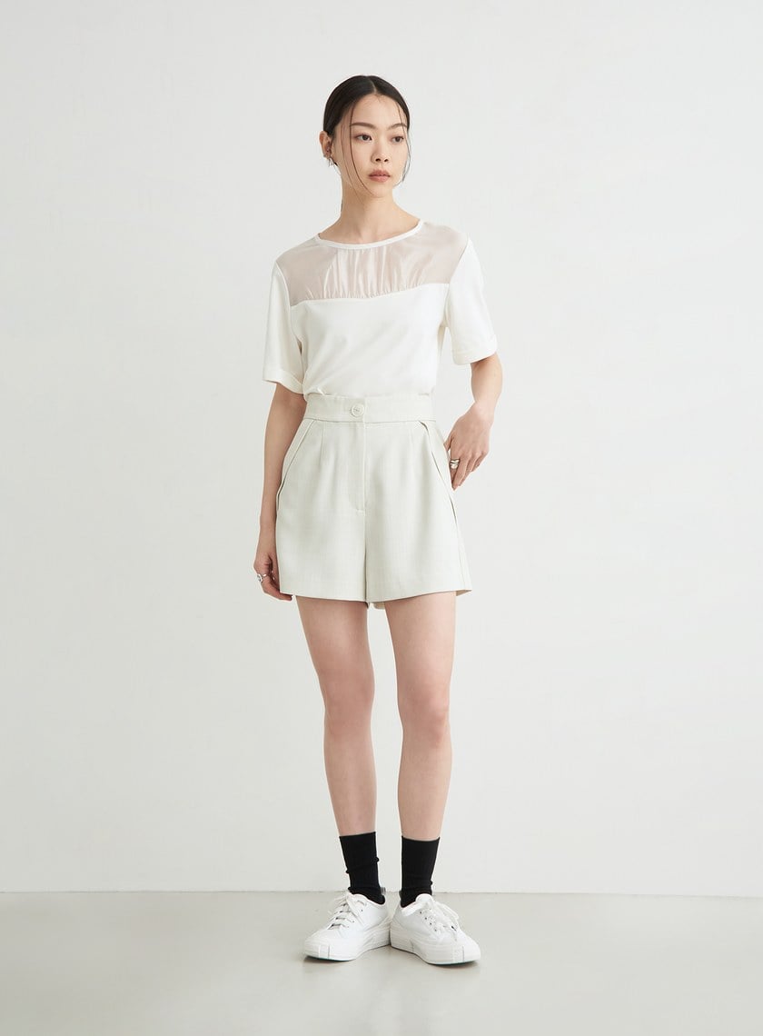 優雅拼接抽皺短袖上衣