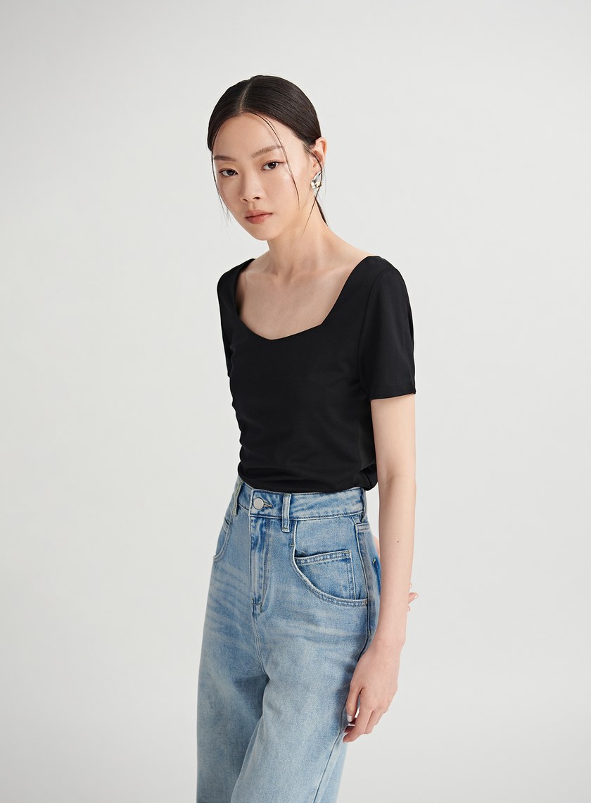 簡約透膚拼接方領短袖上衣