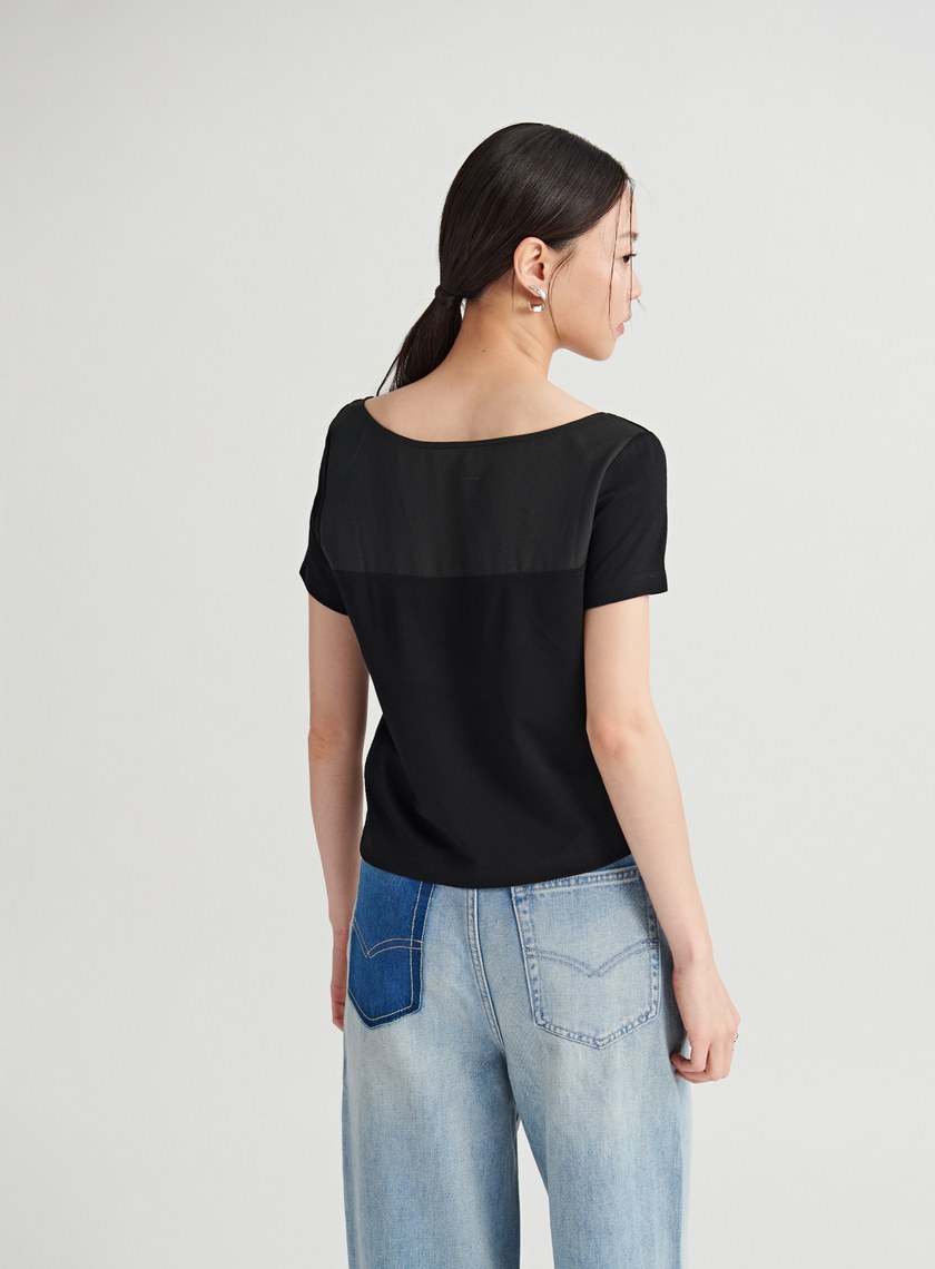 簡約透膚拼接方領短袖上衣