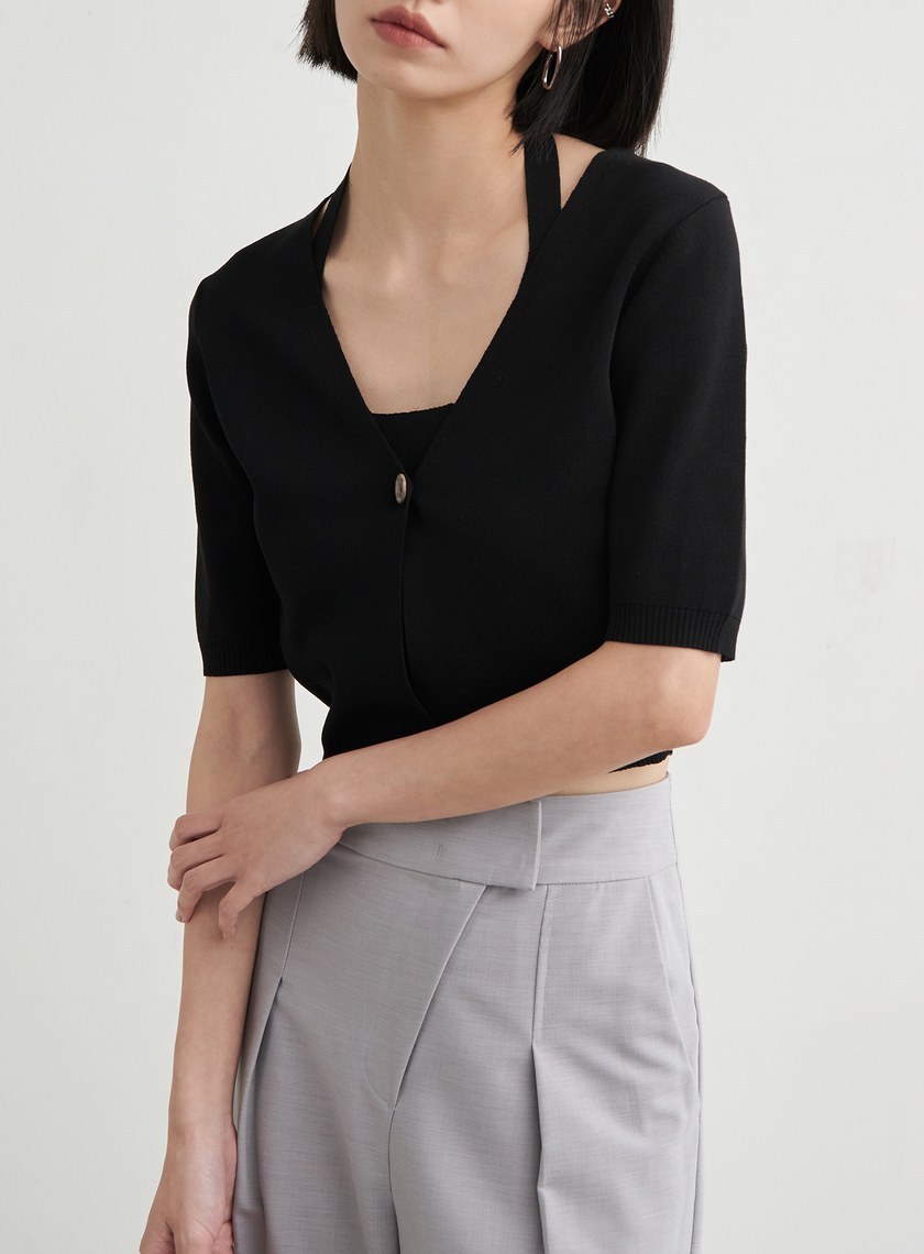 假兩件短版針織短袖上衣