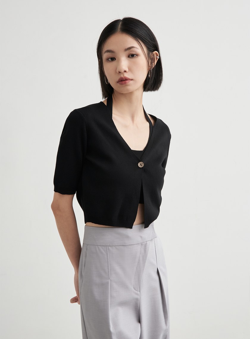 假兩件短版針織短袖上衣