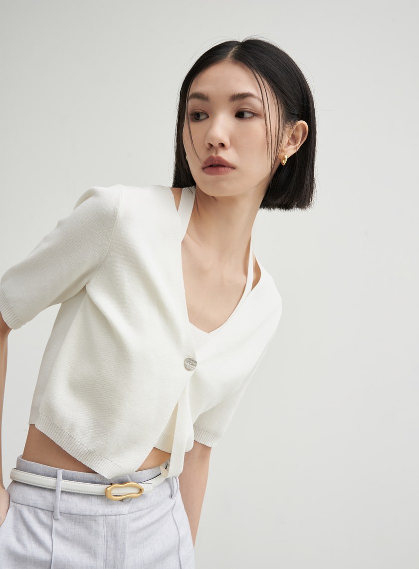 假兩件短版針織短袖上衣