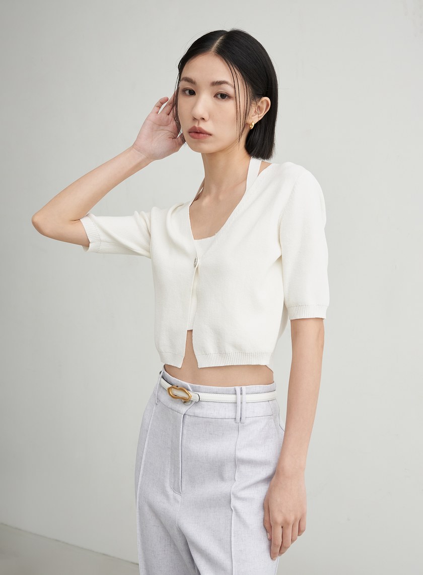 假兩件短版針織短袖上衣