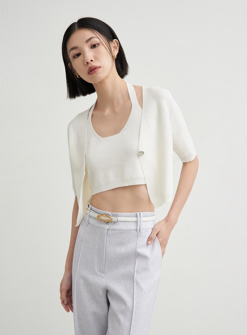 假兩件短版針織短袖上衣