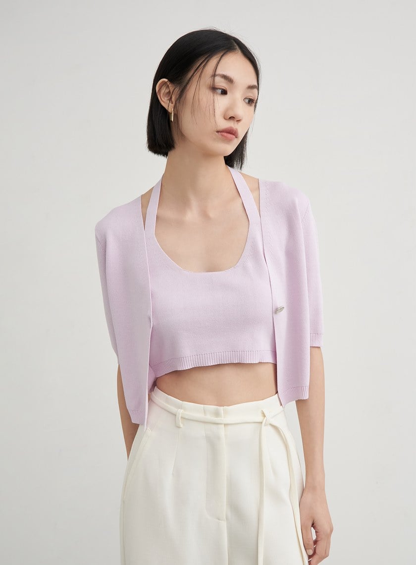 假兩件短版針織短袖上衣