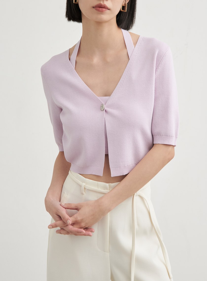 假兩件短版針織短袖上衣