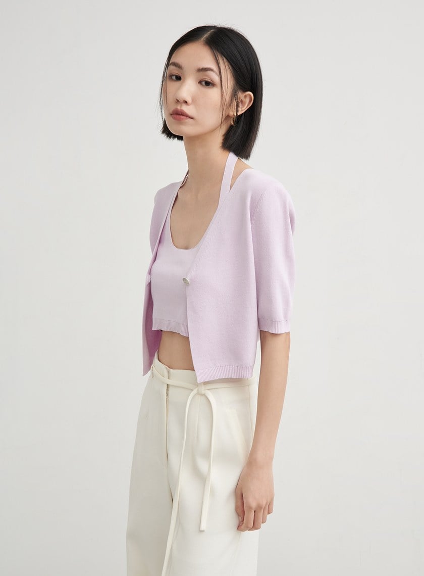 假兩件短版針織短袖上衣