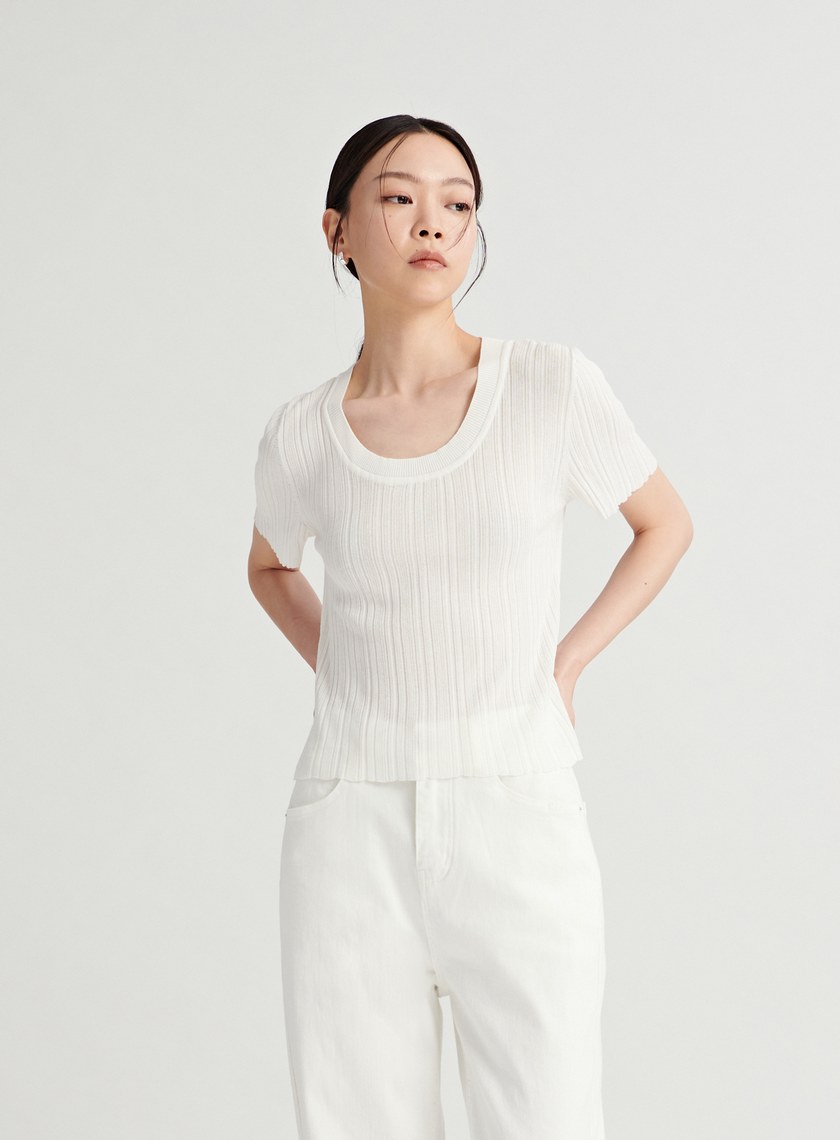 U領坑條針織短袖上衣