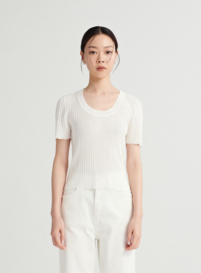 U領坑條針織短袖上衣