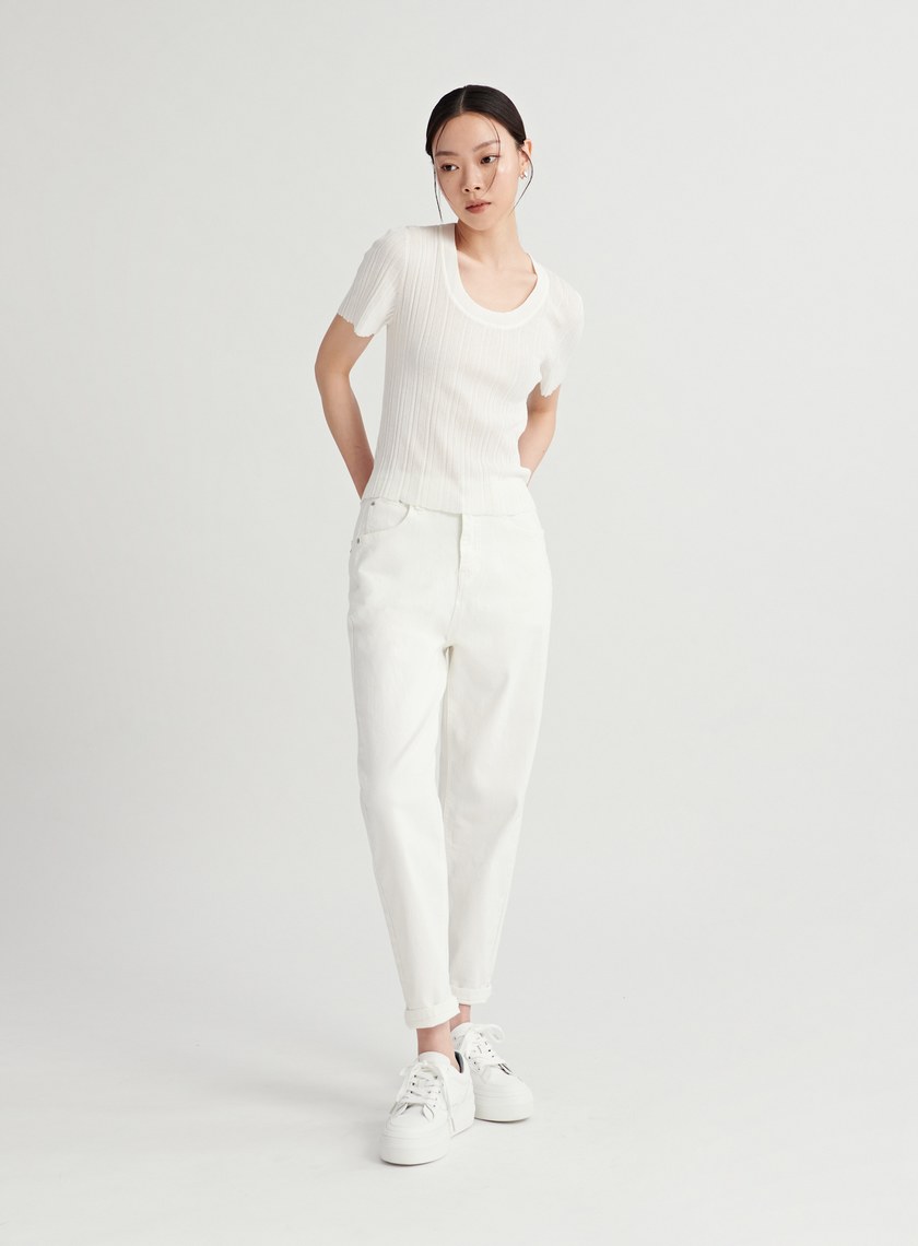 U領坑條針織短袖上衣