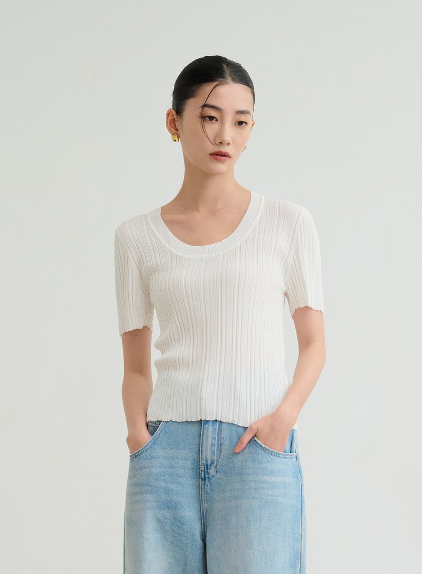 U領坑條針織短袖上衣